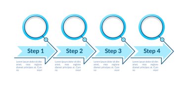 Renkli dairelerden biri vektör bilgi şablonu. Metin alanı olan süslü tasarım elemanları. Veri görselleştirmesi 4 adımda. Zaman çizelgesi. Kopyalama alanı ile çalışma akışı düzeni