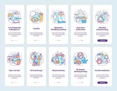 Ciğer sağlığı mobil uygulama sayfası ekranında konseptler hazır. Semptomlar önleme yürüyüşü 5 adım grafik talimatlar. UI, UX, doğrusal renk çizimleri olan GUI vektör şablonu