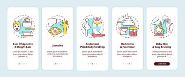 Gezici uygulama sayfasında konseptlerle birlikte karaciğer hastalığı belirtileri görülüyor. İştah kaybı, şişkinlik 5 aşamalı grafik talimatlar. UI, UX, doğrusal renk çizimleri olan GUI vektör şablonu