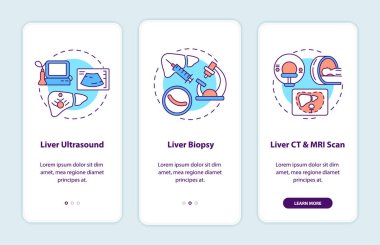 Gezici uygulama sayfasında konseptli karaciğer teşhisi. Ultrason, biyopsi, 3 aşamalı grafik talimatlar. UI, UX, doğrusal renk çizimleri olan GUI vektör şablonu