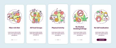 Ciğer sağlığı gereksinimleri konseptli mobil uygulama sayfası ekranında. Fiber zengini diyet yürüyüşü. 5 adım grafik talimatlar. UI, UX, doğrusal renk çizimleri olan GUI vektör şablonu