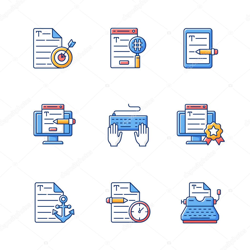 Writing SEO text RGB color icons set. Urgent copywriting services. Freelance project, SEO work. Professional journalist. Writing text. Content for online marketing. Isolated vector illustrations