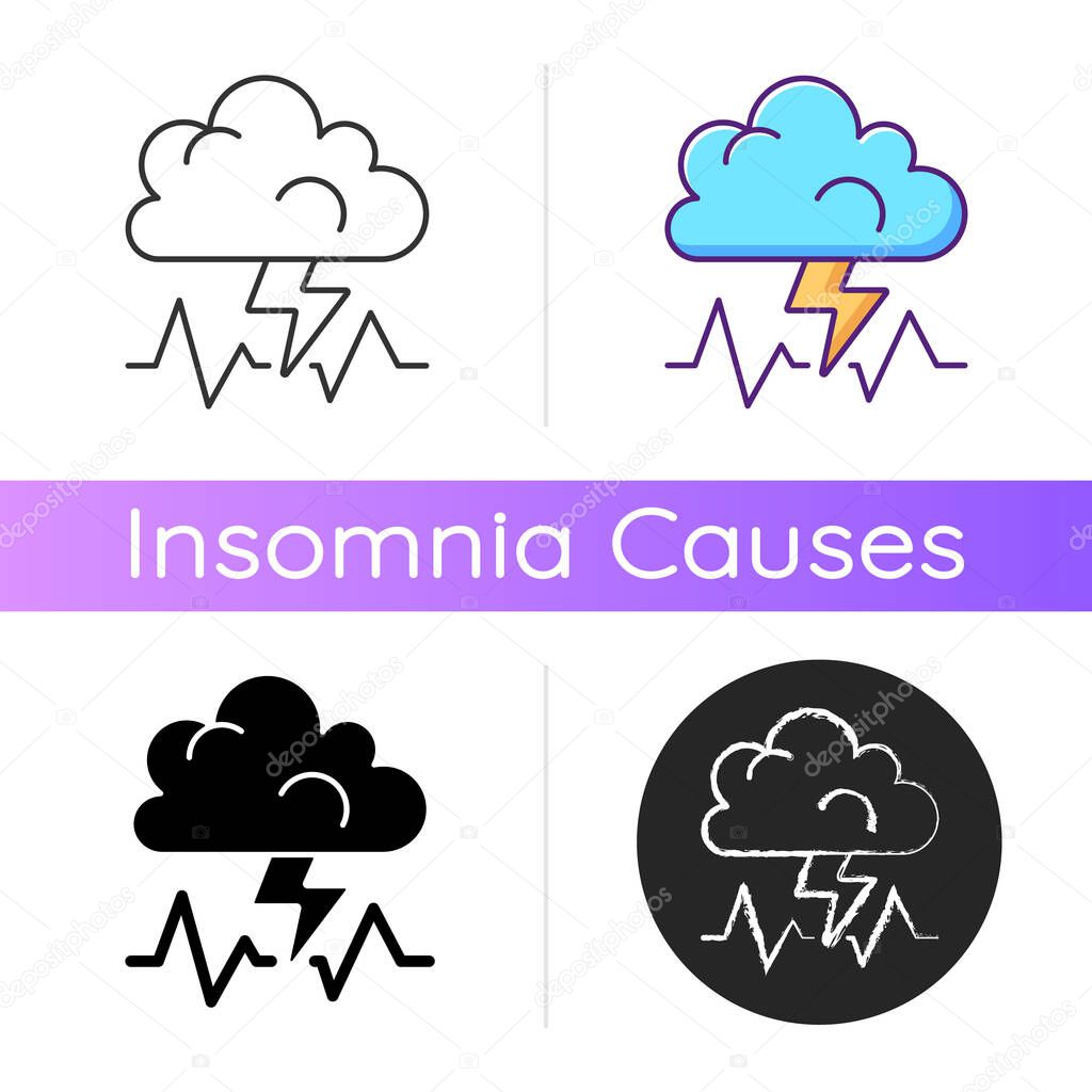 Stress icon. Concept of bad mood, depression and anxiety. Thunderstorm, cloud with lightning. Bad weather. Reason for bad sleep. Linear black and RGB color styles. Isolated vector illustrations