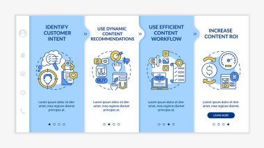 Akıllı içerik oluşturma ipuçları vektör şablonunda. Simgeli ilgili mobil web sitesi. Web sayfasında 4 basamaklı ekranlar. Doğrusal illüstrasyonlu dijital pazarlama rengi kavramı