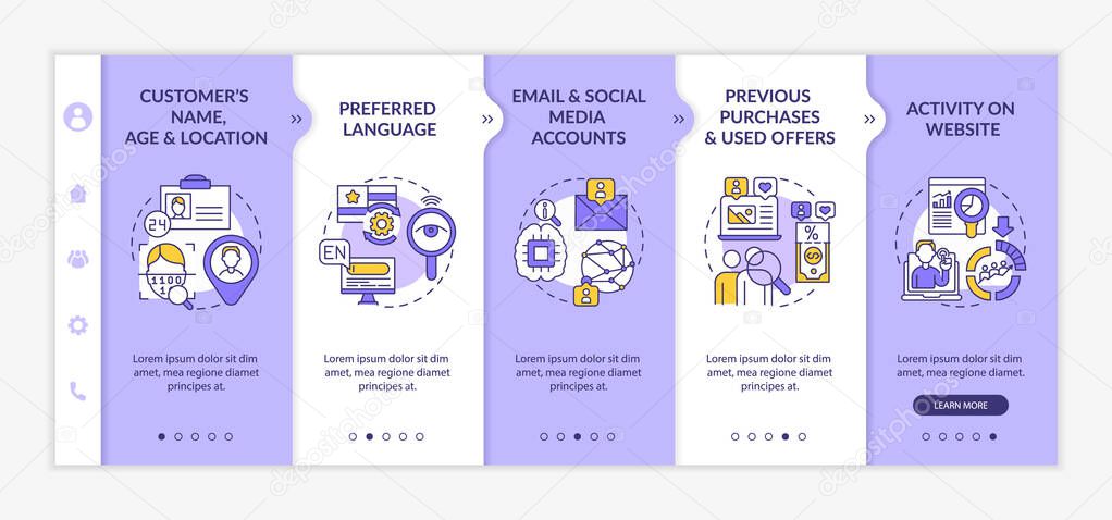 Smart content analytics components onboarding vector template. Responsive mobile website with icons. Web page walkthrough 5 step screens. Digital marketing color concept with linear illustrations