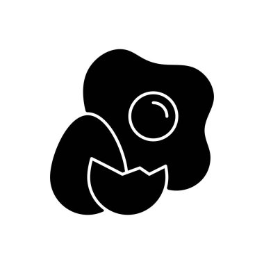 Siyah yumurta kabartma simgesi. Yemek malzemesi. Taze yemek. Kırık kabuk ve yumurta sarısı. Protein kaynağı. Süt ürünlerine alerji. Yaygın alerji. Beyaz uzayda siluet sembolü. Vektör izole illüstrasyonu