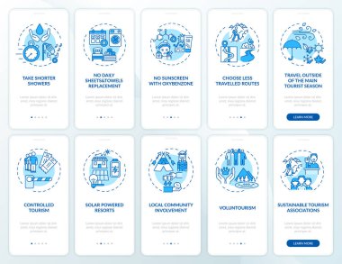 Yeşil turizm, mobil uygulama sayfa ekranında konseptlerle birlikte. Günlük havlu değiştirme işlemi yok. 10 adım grafik talimatlar. UI, UX, doğrusal renk çizimleri olan GUI vektör şablonu