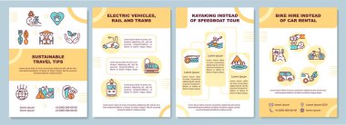 Sürdürülebilir seyahat ipuçları broşürü. Elektrikli araçlar. Broşür, broşür, broşür baskısı, doğrusal simgelerle kaplama tasarımı. Sunum için vektör düzenleri, yıllık raporlar, reklam sayfaları