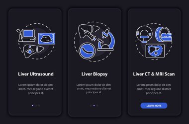 Ciğer tanısı mobil uygulama sayfası ekranında konseptlerle birlikte. Sonogram, doku analizi 3 aşamalı grafik talimatlar. UI, UX, doğrusal gece kipi çizimleri ile GUI vektör şablonu