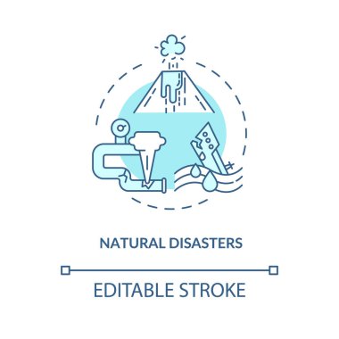 Doğal afetler konsept ikonu. Enerji güvenlik tehdidi fikri ince çizgi çizimi. Felaket vuruyor. Çevreye etki eder. Vektör izole edilmiş RGB renk çizimi. Düzenlenebilir vuruş