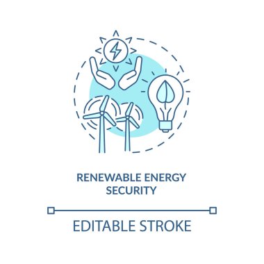 Yenilenebilir enerji güvenliği konsepti ikonu. Güvenlik tipi ince çizgi çizimi. Sera gazı emisyonlarını hafifletiyorum. Alternatif kaynaklar. Vektör izole edilmiş RGB renk çizimi. Düzenlenebilir vuruş