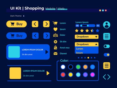 Alışveriş UI eleman kiti. Çevrimiçi depolama vektör simgesi, çubuk ve gösterge paneli şablonu için alıcı hesabı. Koyu temalı mobil uygulama için web tasarım gereçleri koleksiyonu