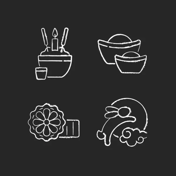 China National Holidays Chalk White Icons Set Black Background Rice —  Vetores de Stock