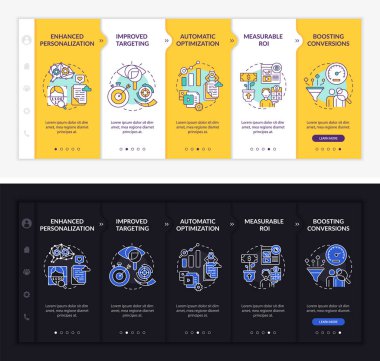 User behaviour analytics onboarding vector template. Responsive mobile website with icons. Web page walkthrough 4 step screens. Digital marketing dark, light mode concept with linear illustrations clipart
