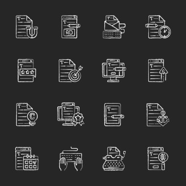 Siyah arkaplana tebeşir beyazı simgeleri yazılıyor. Hedef kitleyi hedef alıyor. Serbest meslek işte. Ticari metin yazıyorum. Web sitesi içeriğe bağlanıyor. İzole edilmiş vektör karatahta çizimleri