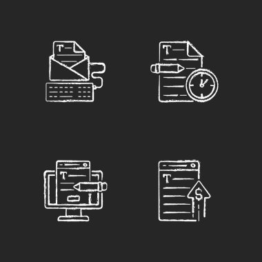 Siyah arkaplana tebeşir beyaz simgeleri için çevrimiçi reklam metni. Acil serbest çalışma, SEO işi. Profesyonel gazeteci. Gelir sağlıyor. İzole edilmiş vektör karatahta çizimleri