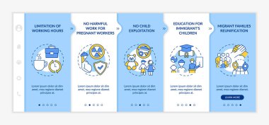 Göçmen hakları vektör şablonunda. Simgeli ilgili mobil web sitesi. Web sayfasında 5 basamaklı ekranlar. Yasal yabancı işçiler doğrusal çizimlerle renk kavramı