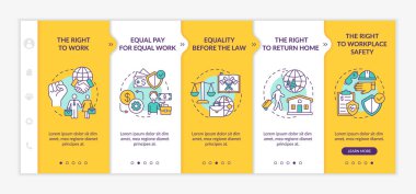 Göçmen işçi hakları vektör şablonunda. Simgeli ilgili mobil web sitesi. Web sayfasında 5 basamaklı ekranlar. Doğrusal çizimlerle yurtdışında yasal iş gücü renk kavramı