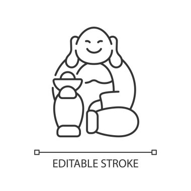 Gülen Buda doğrusal simgesi. Refah için dua et. Çin gelenekleri. Ruhanilik, din. İnce çizgi özelleştirilebilir illüstrasyon. Contour sembolü. Vektör izole çizim. Düzenlenebilir vuruş