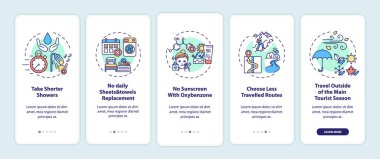 Sürdürülebilir turizm fikirleri mobil uygulama sayfası ekranında kavramlarla birlikte. Kısa duşları al ve 5 adımlık grafik talimatları uygula. UI, UX, doğrusal renk çizimleri olan GUI vektör şablonu