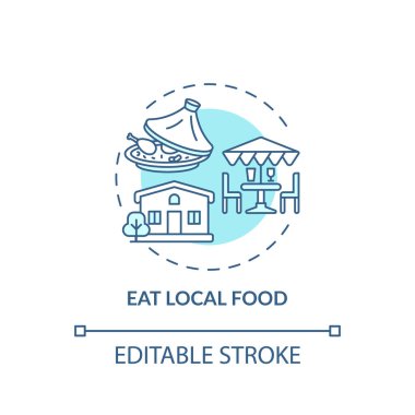 Yerel gıda konsepti ikonu ye. Sürdürülebilir tur ipuçları. Gıda, toplandığı yerden kısa mesafede üretilir. Fikir ince çizgi çizimi. Vektör izole edilmiş RGB renk çizimi. Düzenlenebilir vuruş