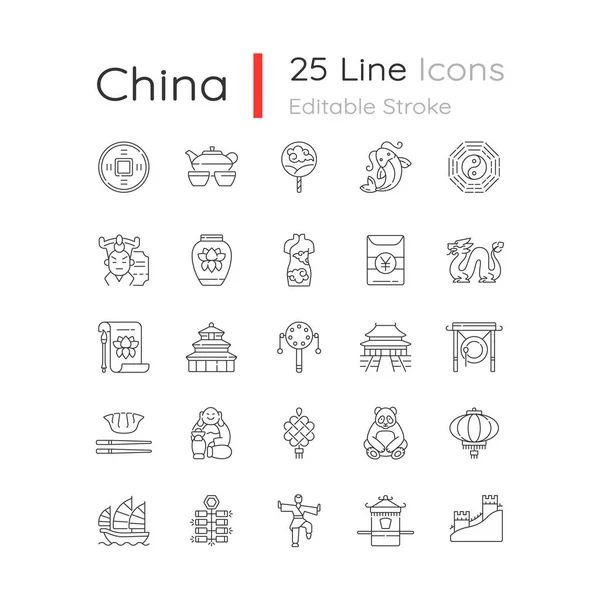 China Conjunto Iconos Lineales Antiguas Tradiciones Chinas Celebración Del Año — Archivo Imágenes Vectoriales