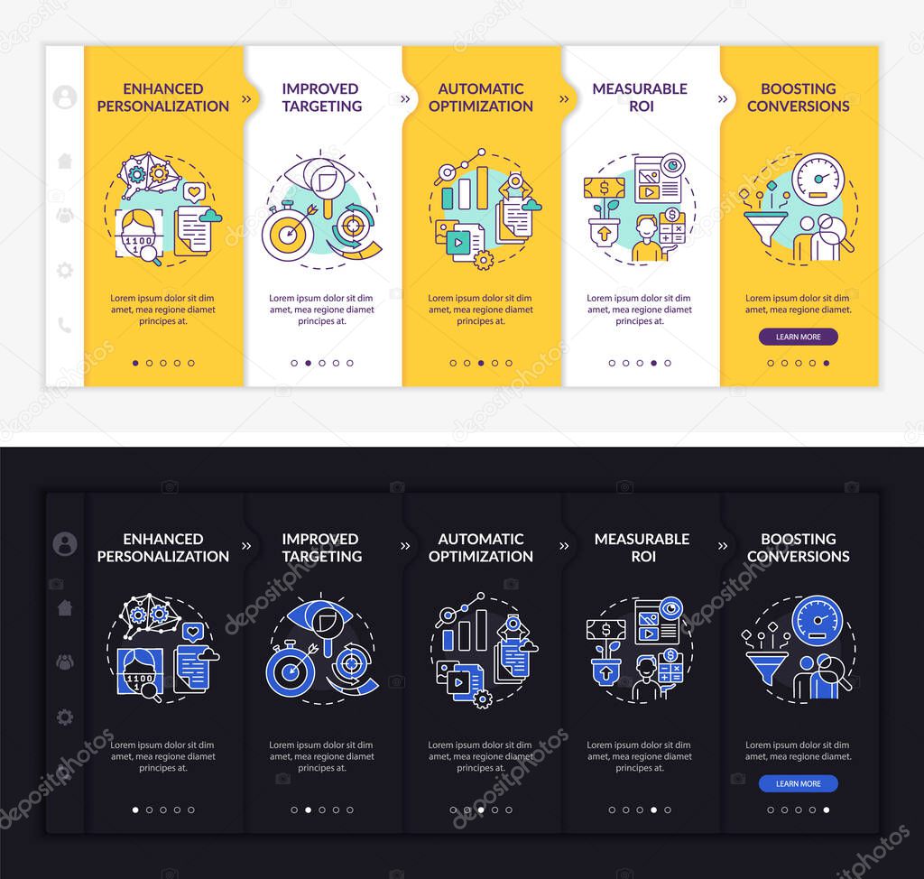 User behaviour analytics onboarding vector template. Responsive mobile website with icons. Web page walkthrough 4 step screens. Digital marketing dark, light mode concept with linear illustrations