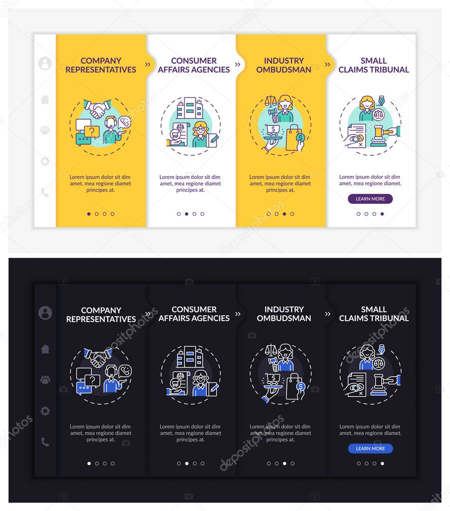 Customer protection onboarding vector template. Responsive mobile website with icons. Web page walkthrough 4 step screens. Company representatives night and day mode concept with linear illustrations