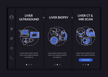 Karaciğer testi vektör şablonunda. Simgeli ilgili mobil web sitesi. Web sayfası gezintisi 3 adım ekranı. Mide ultrasonu, doğrusal çizimlerle biyopsi gece modu konsepti