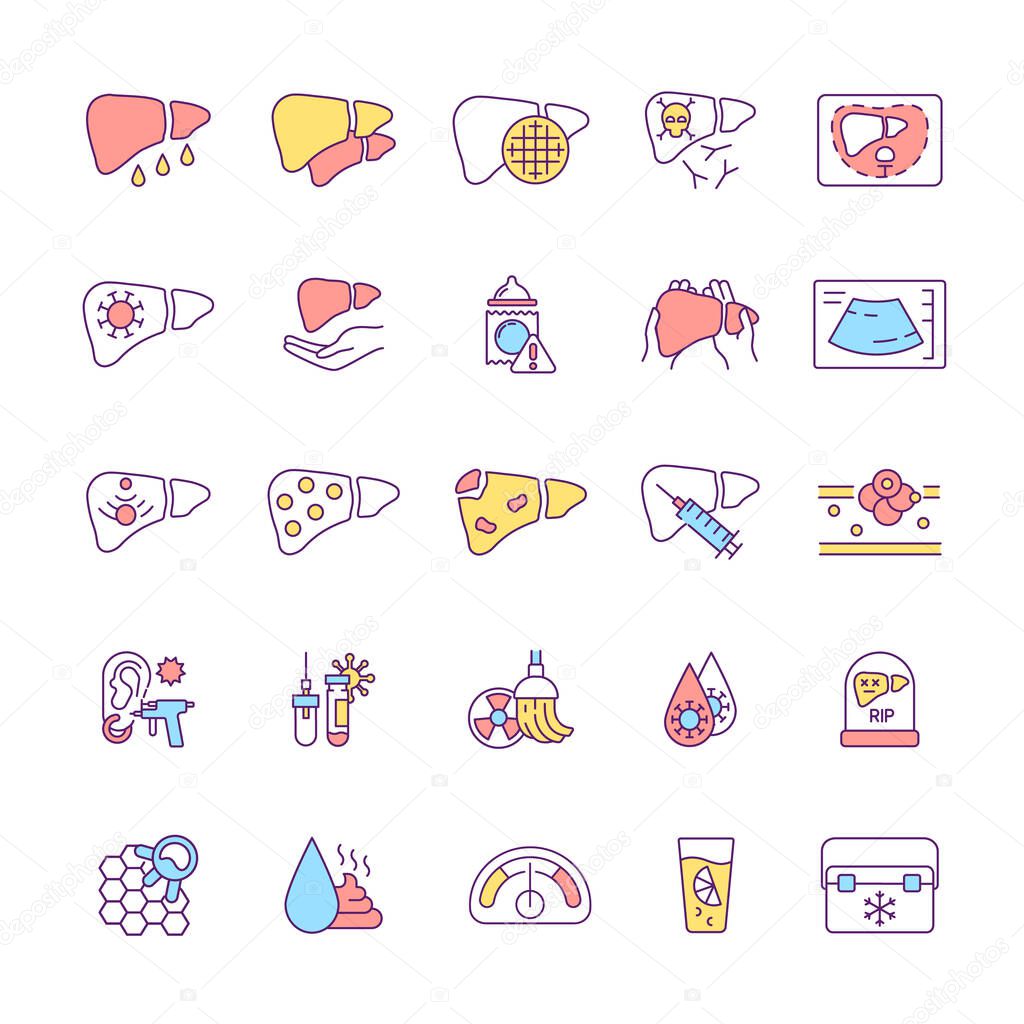 Inflammatory diseases RGB color icons set. Liver cancer. Cirrhosis, hepatitis. Obstructing blood flow. Bad habits. Vaccination. Ultrasound imaging. Water contamination. Isolated vector illustrations