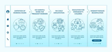 Göçmen işçi hakları vektör şablonunda. Simgeli ilgili mobil web sitesi. Web sayfasında 5 basamaklı ekranlar. Doğrusal illüstrasyonlu göçmen destek renk kavramı