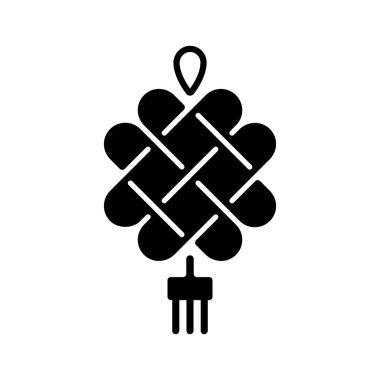 Çin düğümlü siyah kabartma simgesi. Püsküllü düğün süsü. Asya şans tılsımı. Ay Yeni Yıl Kutlaması. Şans ve zenginlik dile. Beyaz uzayda siluet sembolü. Vektör izole illüstrasyonu