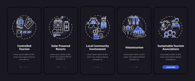 En iyi sürdürülebilir turizm uygulamaları konseptli mobil uygulama sayfası ekranında. Turizm 5 aşamalı grafik talimatlar veriyor. UI, UX, doğrusal gece kipi çizimleri ile GUI vektör şablonu