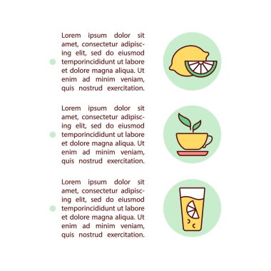 Citrus suyu ve yeşil çay konsepti sembolleri. Kopya uzayı ile PPT sayfa vektör şablonu. Broşür, dergi, gazete tasarımı. Sağlıklı antioksidanlar beyaz üzerine doğrusal çizimler