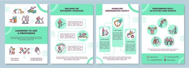 Protez broşür kullanmayı öğrenme şablonu. Farklı yüzeyler. Broşür, broşür, broşür baskısı, doğrusal simgelerle kaplama tasarımı. Sunum için vektör düzenleri, yıllık raporlar, reklam sayfaları
