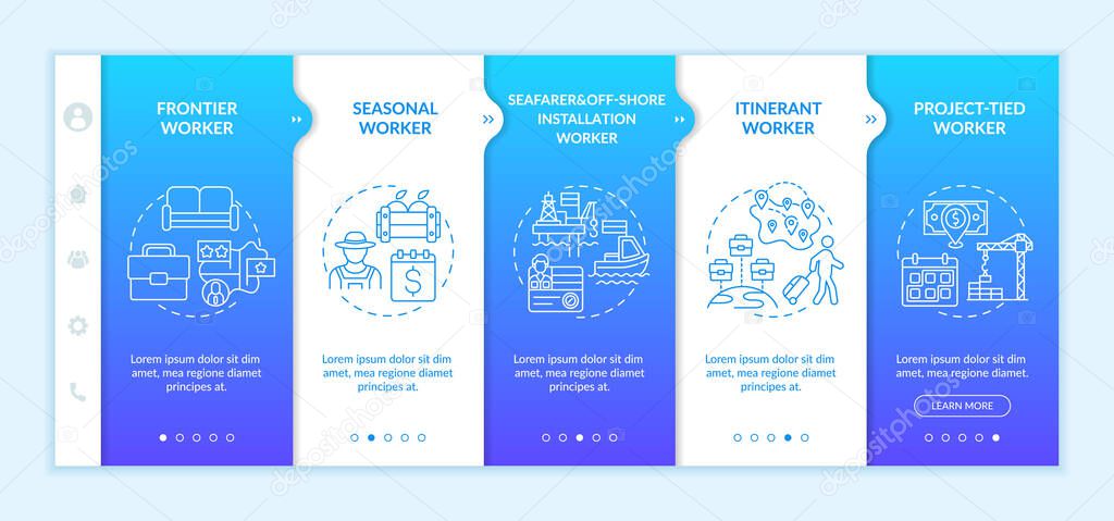 Migrant workers types onboarding vector template. Responsive mobile website with icons. Web page walkthrough 5 step screens. Immigrant employees color concept with linear illustrations