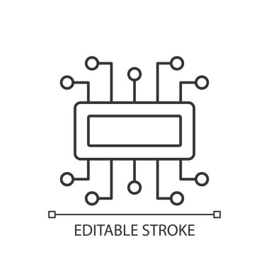 Microcontroller linear icon. Computer created on metal semiconductor integrated circuit chip. Thin line customizable illustration. Contour symbol. Vector isolated outline drawing. Editable stroke clipart
