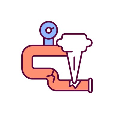 Gaz sızıntısı RGB renk simgesi. Boru hattından gaz sızıntısı. Tıslama, ıslık sesi. Hatalı gaz aletleri. Endüstriyel operasyonlar ve ekipman hasarı. İzole vektör illüstrasyonu