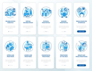 Mobil uygulama sayfasında konseptlerle birlikte protez kurtarma. Yapay uzuvlar 5 aşamalı grafik talimatlar içeriyor. UI, UX, doğrusal renk çizimleri olan GUI vektör şablonu