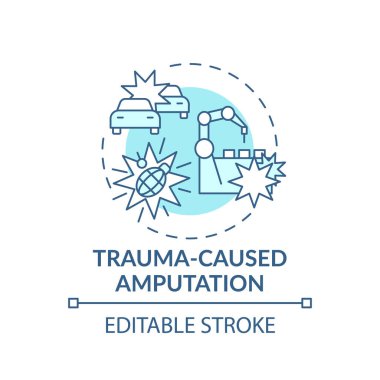 Travma kaynaklı ampütasyon konsepti ikonu. Ampütasyon ince çizgi çizimine neden olur. Elektrikli aletler, ateşli silahlar. Kas iskeleti yaralanması. Vektör izole edilmiş RGB renk çizimi. Düzenlenebilir vuruş