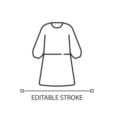 İzolasyon önlüğü doğrusal simgesi. Virüsten korunmak için. Yeniden kullanılabilir giysi, tehlikeli malzemelerle çalışıyor. İnce çizgi özelleştirilebilir illüstrasyon. Contour sembolü. Vektör izole çizim. Düzenlenebilir vuruş