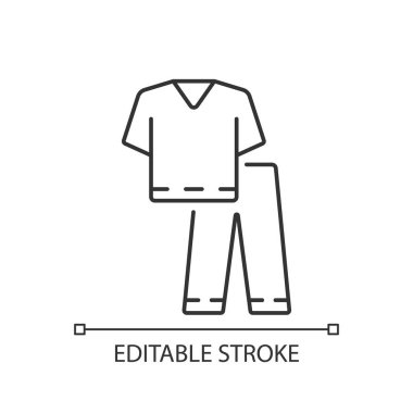 Takım elbise doğrusal simgesini fırçala. Hemşire için üst ve pantolon. Klinikte çalışmak için uygun. Doktor üniforması. İnce çizgi özelleştirilebilir illüstrasyon. Contour sembolü. Vektör izole çizim. Düzenlenebilir vuruş