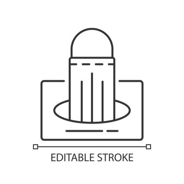 Maskeler kutunun doğrusal simgesinde. Bir paket yüz solunum cihazı. Sağlık hizmetleri. Doktor üniforması. Tek kullanımlık PPE. İnce çizgi özelleştirilebilir illüstrasyon. Contour sembolü. Vektör izole çizim. Düzenlenebilir vuruş