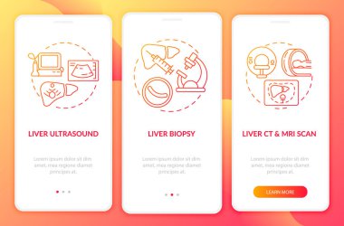 Ciğer tanısı mobil uygulama sayfası ekranında konseptlerle birlikte. Ultrason, doku analizi, üç aşamalı grafik talimatlar. UI, UX, doğrusal renk çizimleri olan GUI vektör şablonu