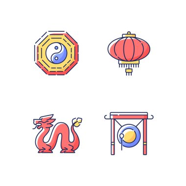 Ay Yeni Yılı RGB renk simgelerini belirler. Bagua, feng shui. Kağıt fener. Loong ejderhası. Çin gongu. Doğu kültürü. Gelenekler ve Çin tarihi. İzole vektör çizimleri