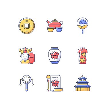 Çin gelenekleri RGB renk simgeleri seti. Eski para. Çay seremonisi. Kağıt vantilatörü. Kırmızı Cheongsam. Çin tarihi. Kanton operası. Porselen, seramik. Cennetin tapınağı. İzole vektör çizimleri