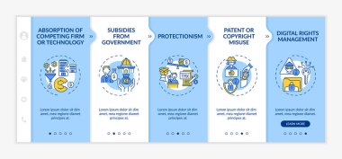 Rekabet-çarpıtma politikası vektör şablonunda. Simgeli ilgili mobil web sitesi. Web sayfasında 5 basamaklı ekranlar. Doğrusal çizimler ile kazanç, sübvansiyon renk kavramı