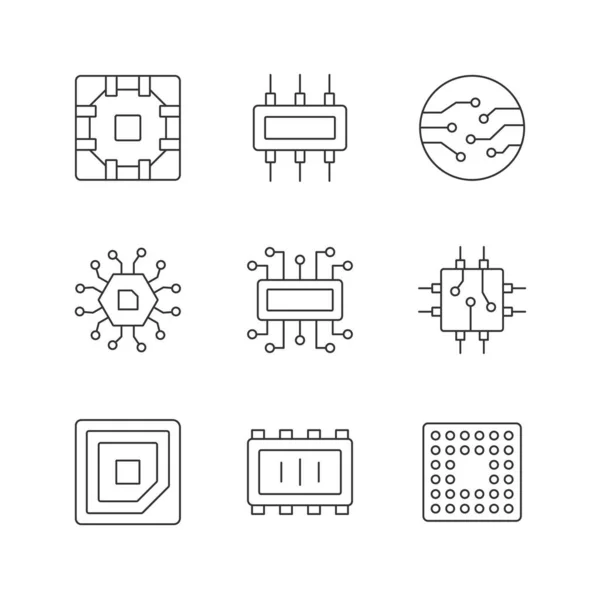 Conjunto Iconos Lineales Microcircuitos Diseño Placas Circuito Dispositivos Informáticos Microchips — Vector de stock