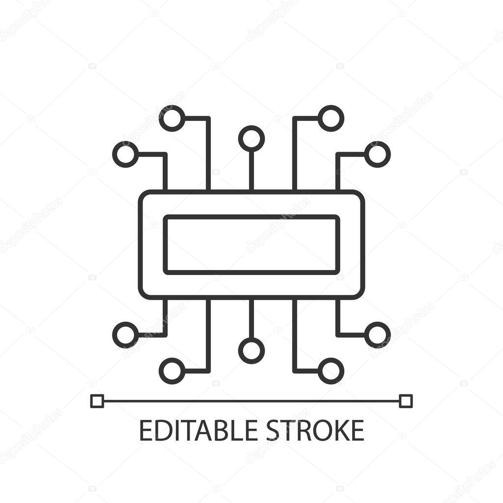 Microcontroller linear icon. Computer created on metal semiconductor integrated circuit chip. Thin line customizable illustration. Contour symbol. Vector isolated outline drawing. Editable stroke