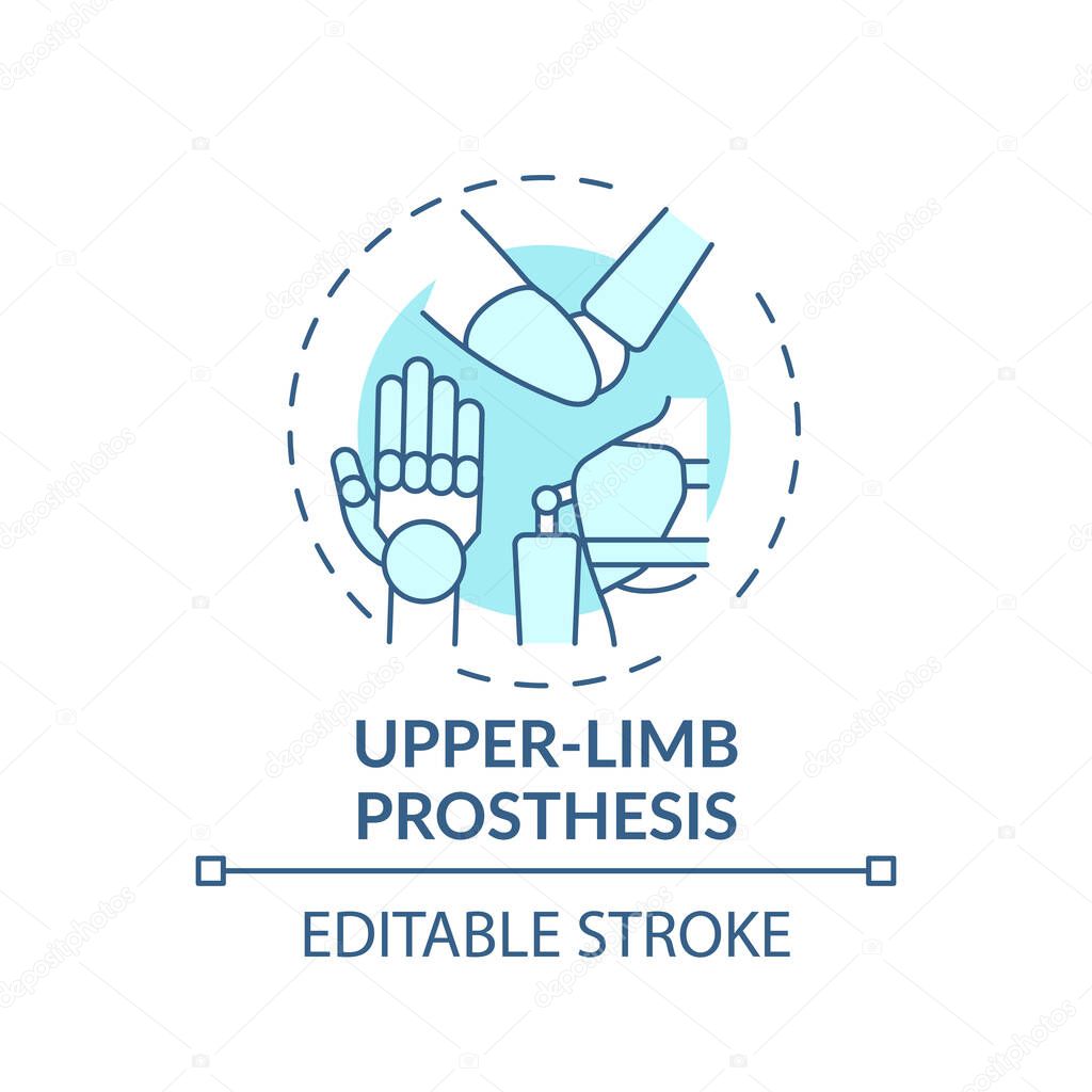 Upper-limb prosthesis concept icon. Prostheses type idea thin line illustration. Body-powered and myoelectric elements combination. Vector isolated outline RGB color drawing. Editable stroke